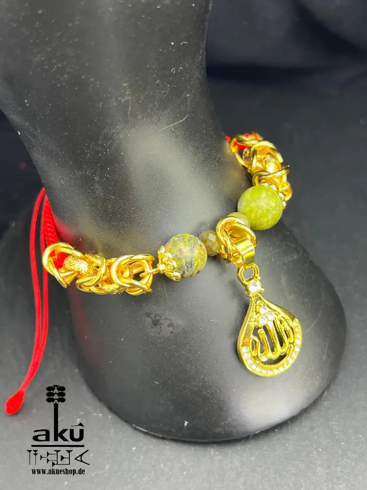 Unakit Tasbih und Armband aus natürlichem Stein (10 mm) mit goldbeschichtetem 'Allah'-Anhänger. Perfekt für spirituelle Energie, Meditation oder als elegantes Geschenk für besondere Anlässe