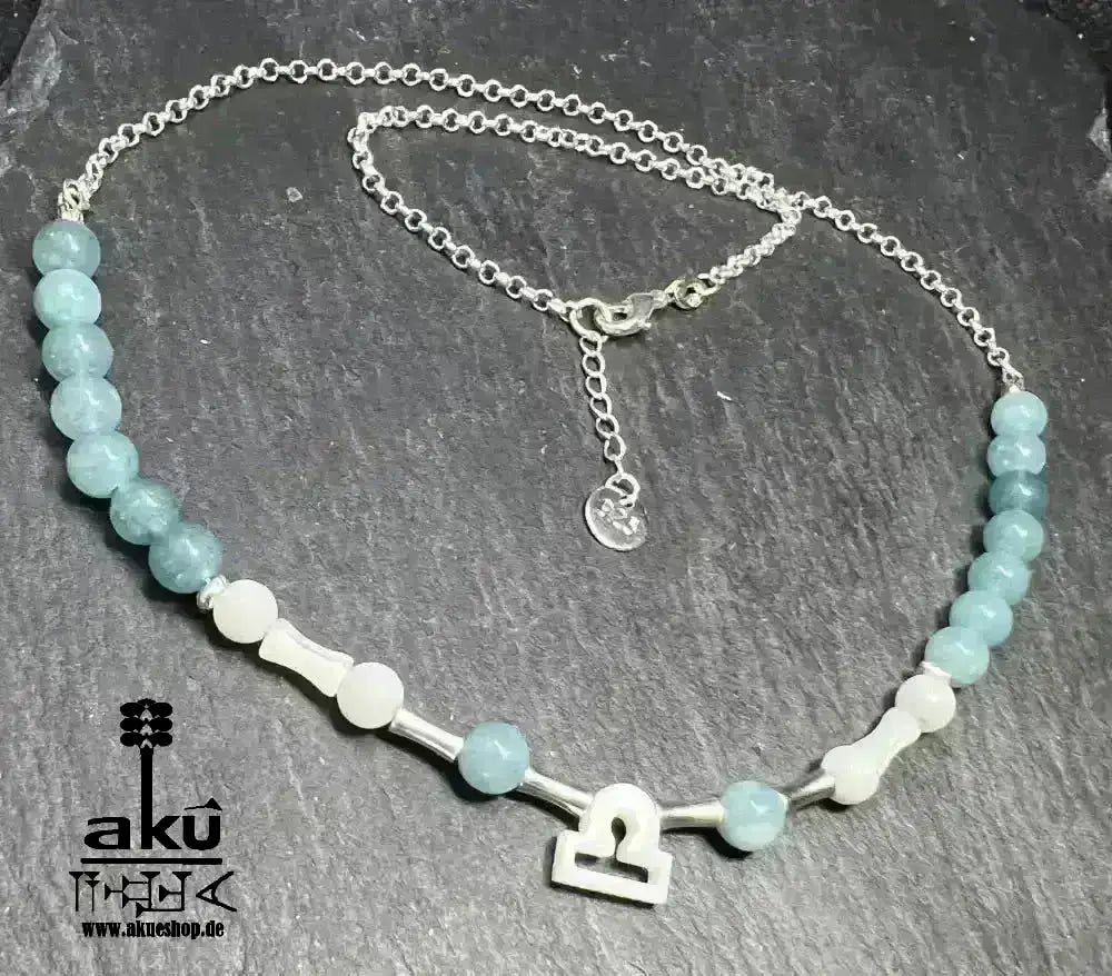 Waage Schmuckset 925er silber natürlichen Edelsteinen, Sternzeichen, Aquamarin und Perlmutt, Chakren, Reiki - Meditationsenergie Handgefertigt - AkueShop