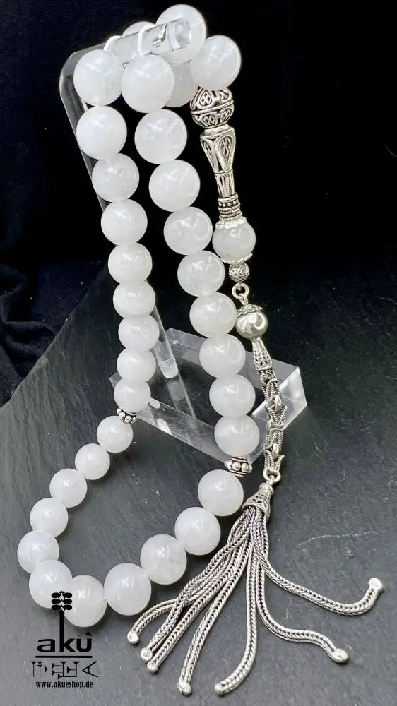 Weiße Jade Tasbih 925er Sterlingsilbere Quaste Elegant & Friedvoll Sibaha, AkueShop, islamische tesbih, muslimische misbaha