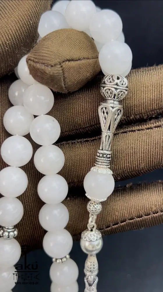Weiße Jade Tasbih 925er Sterlingsilbere Quaste Elegant & Friedvoll Sibaha, AkueShop, islamische tesbih, muslimische misbaha, filigran silber
