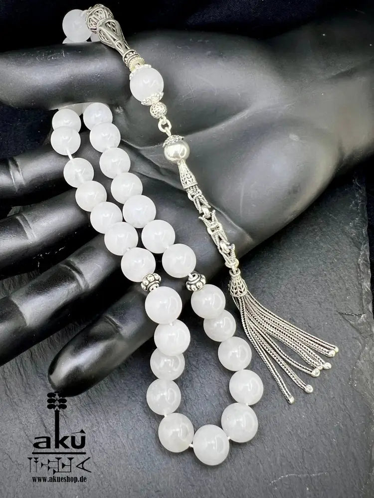 Weiße Jade Tasbih 925er Sterlingsilbere Quaste Elegant & Friedvoll Sibaha, AkueShop, islamische tesbih, muslimische misbaha, filigran silber