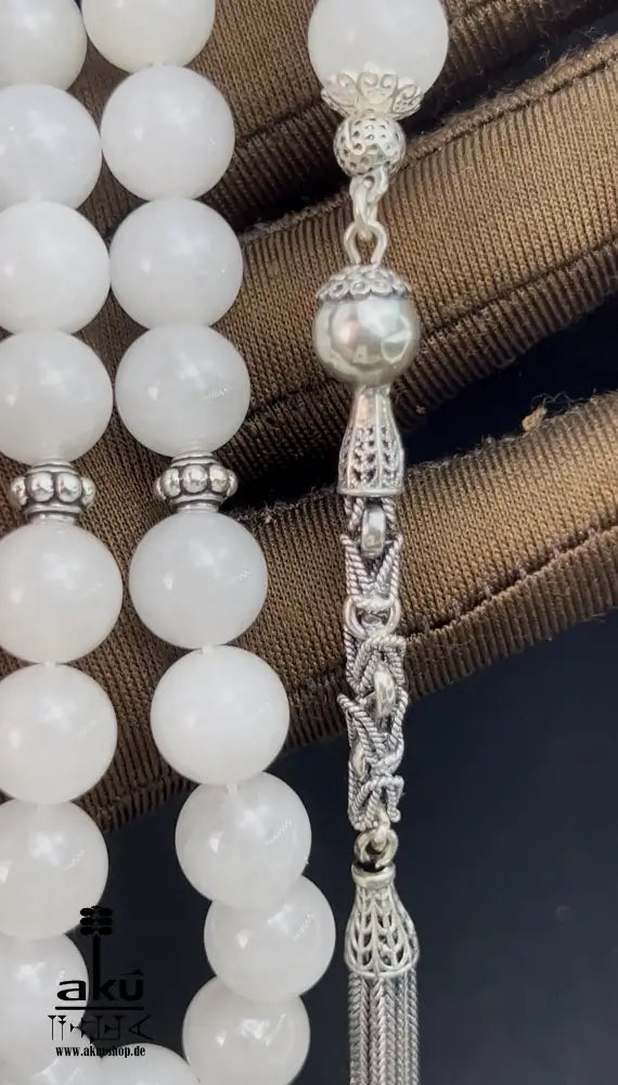 Weiße Jade Tasbih 925er Sterlingsilbere Quaste Elegant & Friedvoll Sibaha, AkueShop, islamische tesbih, muslimische misbaha, filigran silber