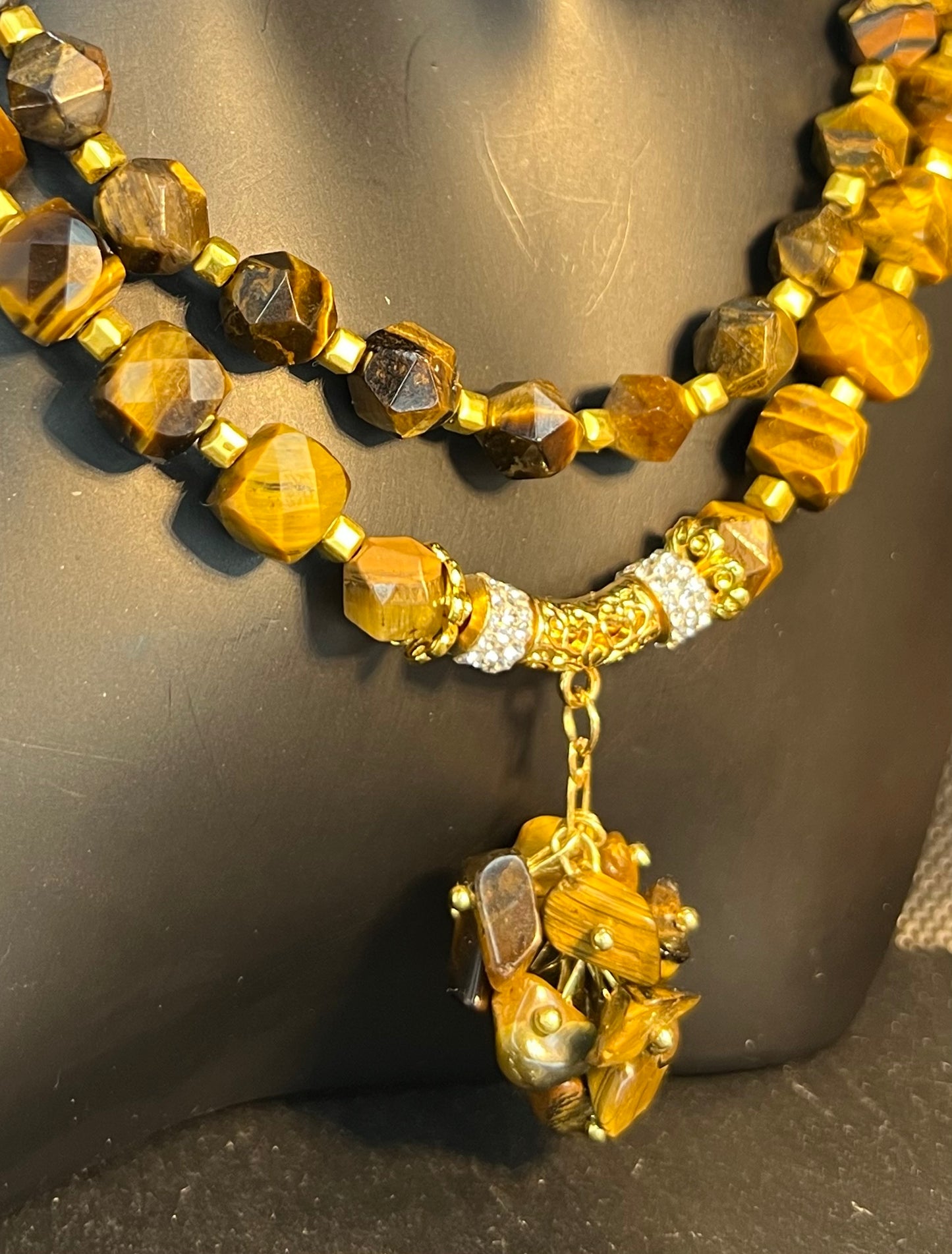 Tigerauge Festoon Halskette, Golden-Feuer Edelstein Schmuck, doppelsträngiges Solarchakra, für Meditationsenergie