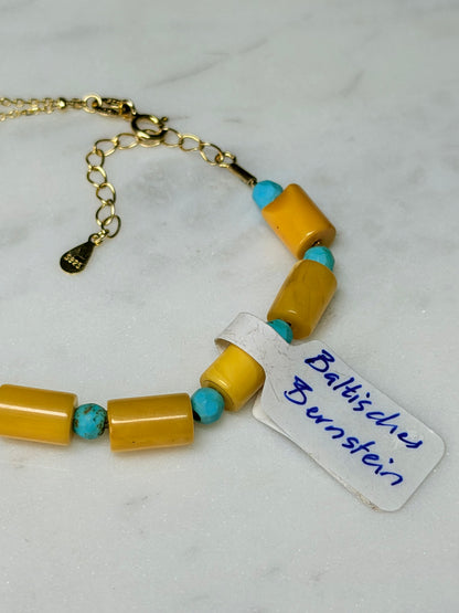 Bernstein Gold 18k plattiertes Armband, mit Türkis, natuerliche Steine Schmuck