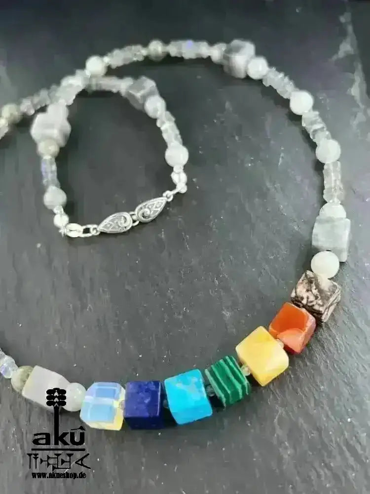 7Chakren Halskette 925er Silber, Labradorit & Falkenauge Steine, chakrenmeditationsenergie - AkueShop