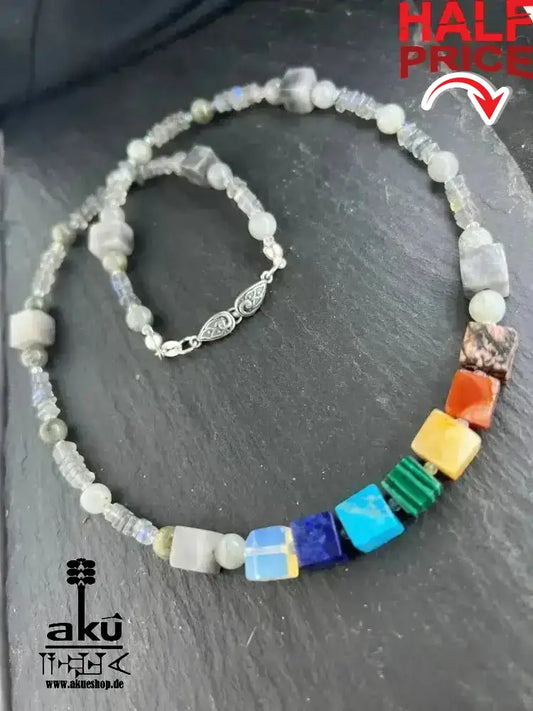 7Chakren Halskette 925er Silber, Labradorit & Falkenauge Steine, chakrenmeditationsenergie - AkueShop