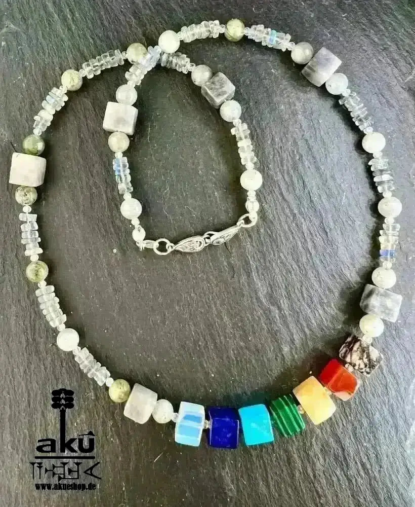 7Chakren Halskette 925er Silber, Labradorit & Falkenauge Steine, chakrenmeditationsenergie - AkueShop