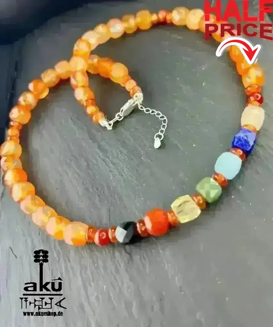 7Chakren Halskette Collier 925er Silber, natürliche Edelsteine, Karneol achat, chakrenenergie - AkueShop