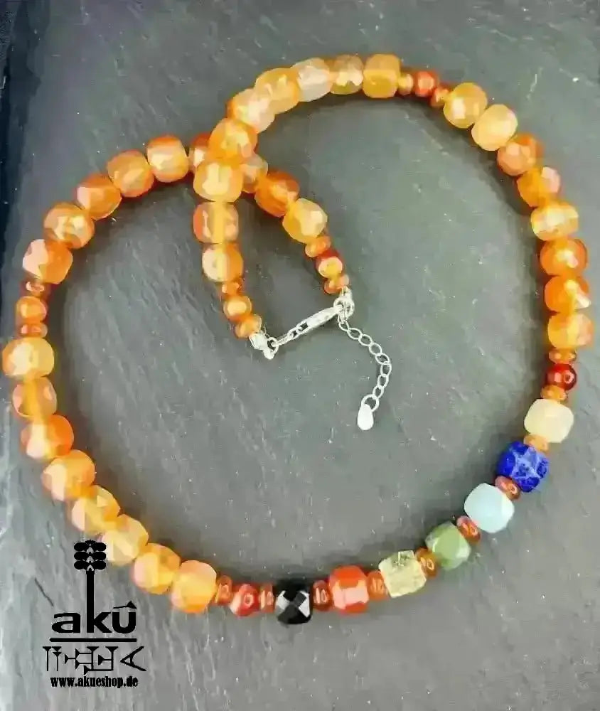 7Chakren Halskette Collier 925er Silber, natürliche Edelsteine, Karneol achat, chakrenenergie - AkueShop