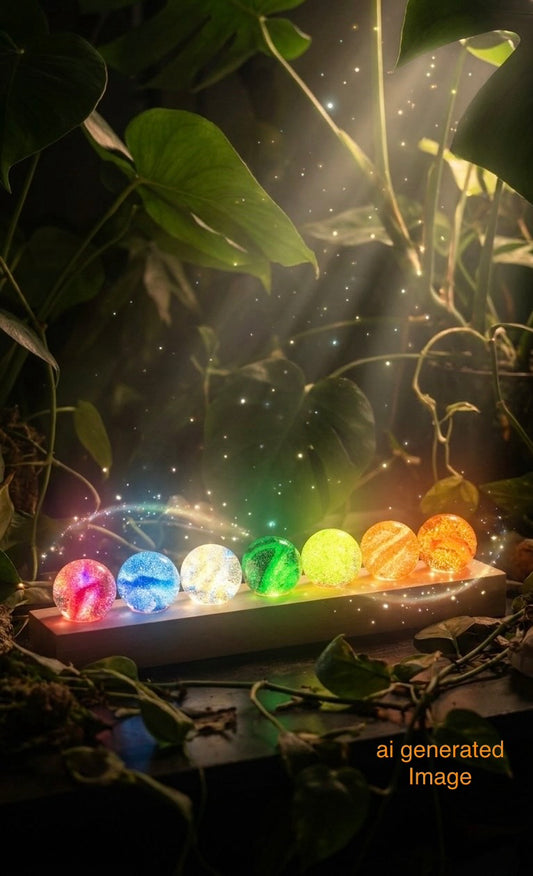 3D Planet Galaxy Kristallkugeln mit LED Holzsockel 7er Set Deko Nachtlicht, für die 7 Chakras