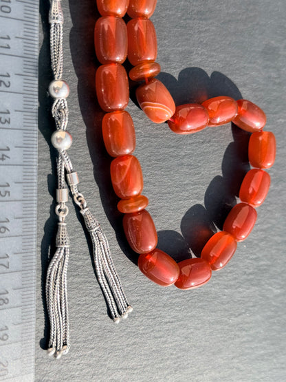 Rote Gebetskette aus natürlichen Achat -Akik- 33 Perlen, Große Tasbih, 925er Sterlingsilber-Quaste, Islamisches Geschenk, Meditationskette