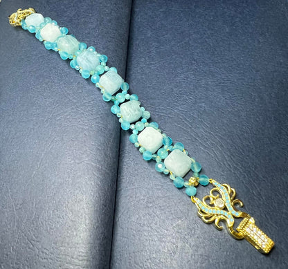 Aquamarine iced apatite cat eye gold plated vergoldet bracelet armband armreifen handmade handgefertigt