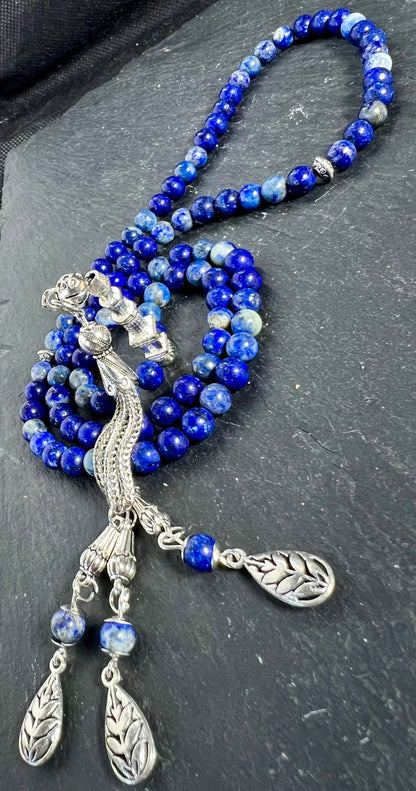 Natürlicher Lapis Lazuli Tesbih 99 islamisches Dritteauge Chakra, Lazurite Misbaha