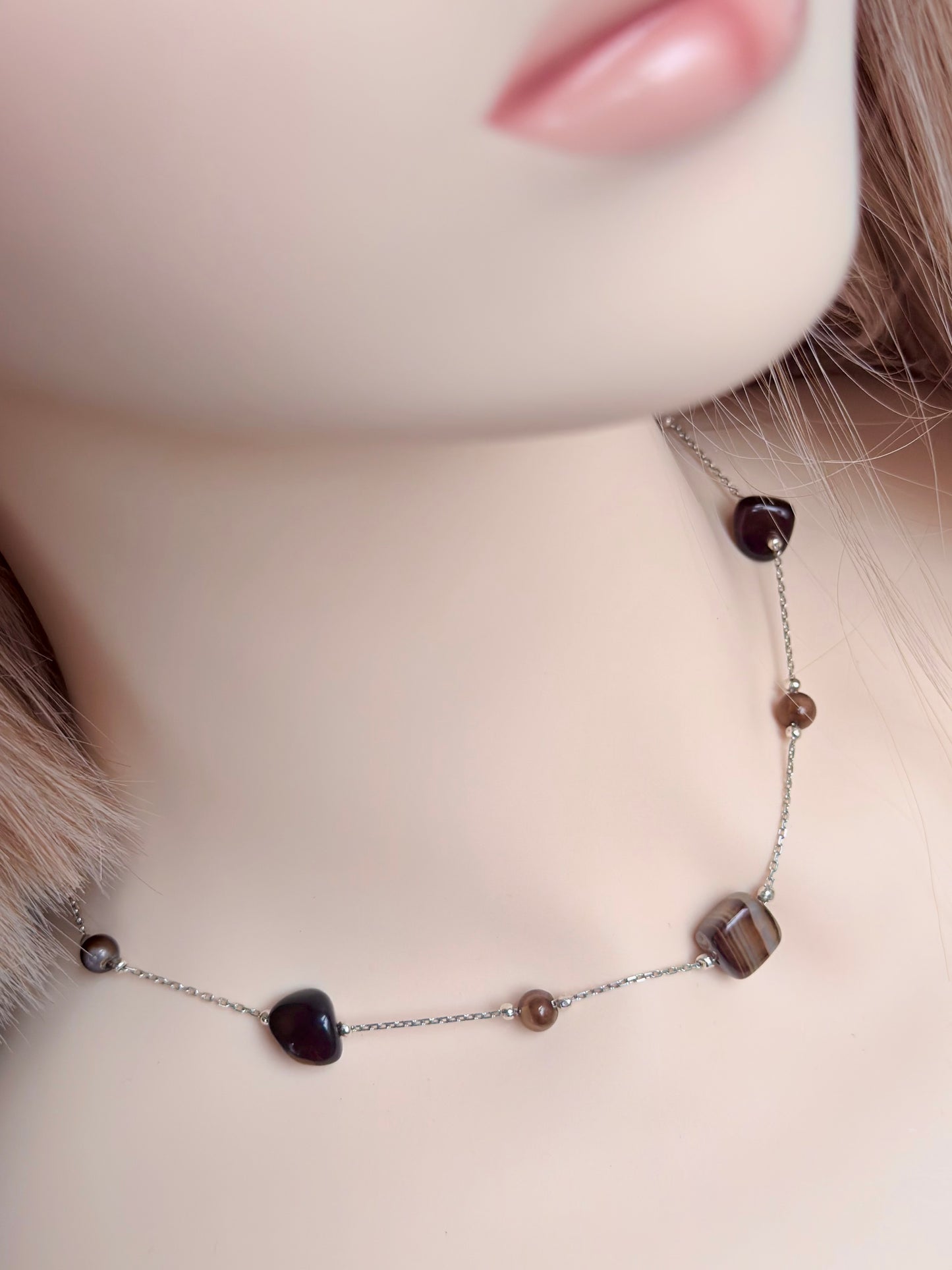 925er Sterling Silberkette mit natürlichen Achat-Nugget-Perlen in Braun