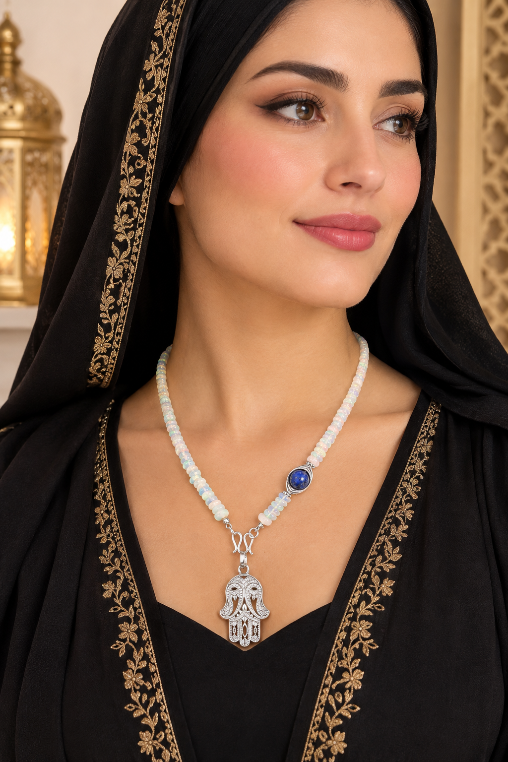 Natürliche weiße OPAL Lavalier Halskette, Hamsa böser Blickschutz, Lapislazuli Chakra