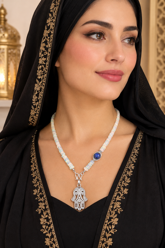 Natürliche weiße OPAL Lavalier Halskette, Hamsa böser Blickschutz, Lapislazuli Chakra