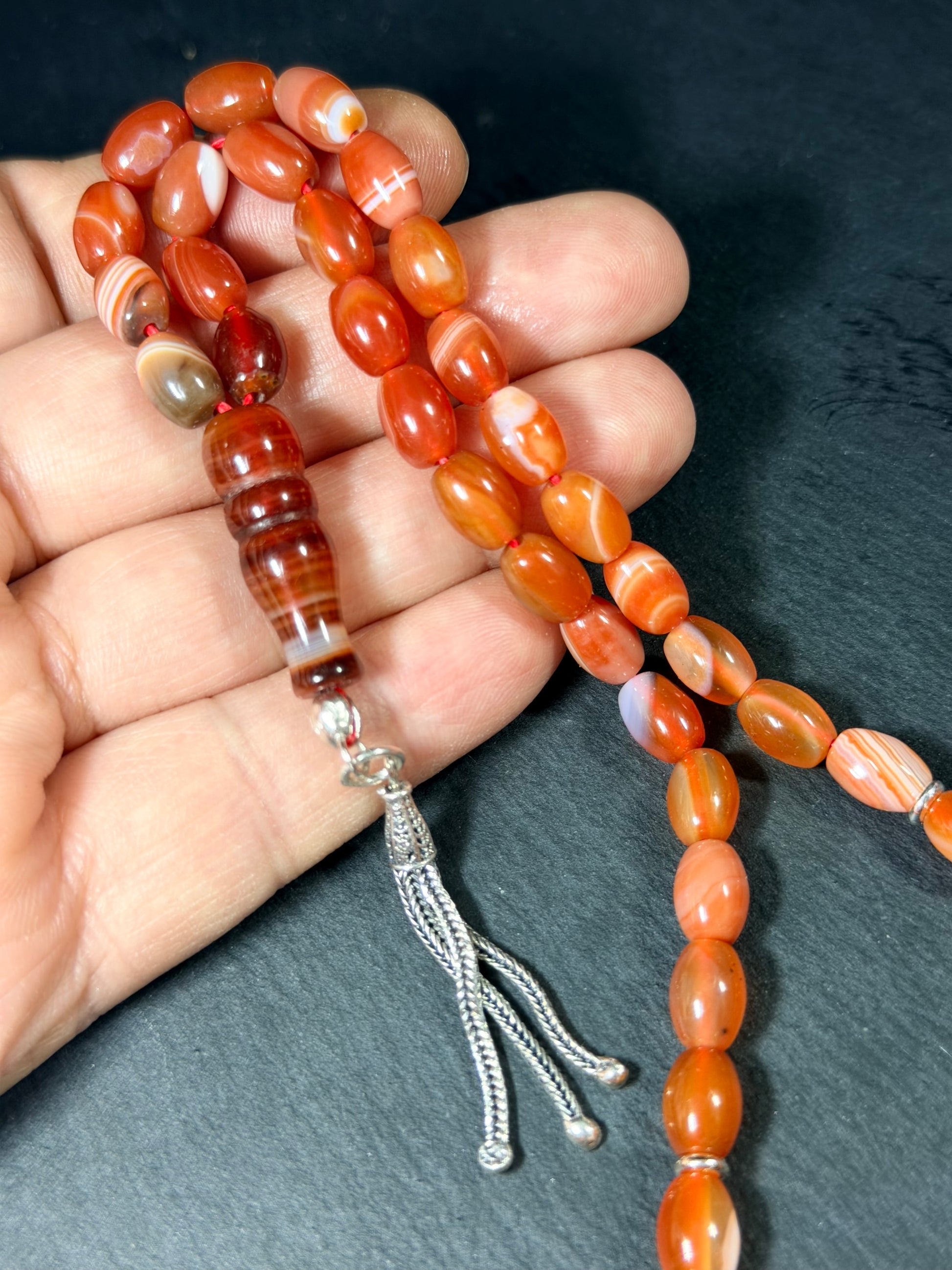Karneol Tasbih, naturlichen Edelstein islamisches Tesbeeh Misbaha, 925 Sterling Silbere Quaste