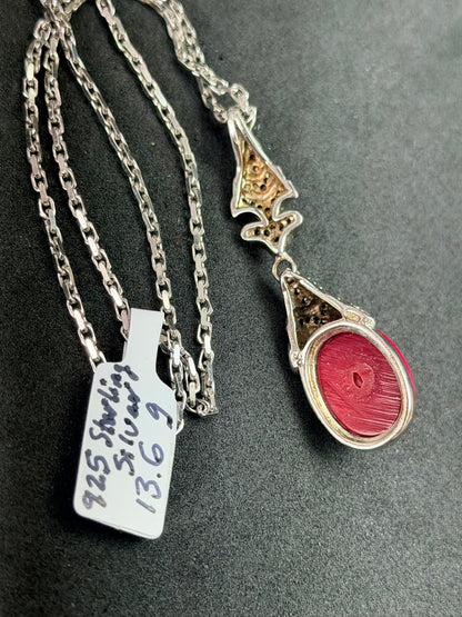 Vintage Halskette (1980er), 925 Silber, synthetischer weinroter Anhänger, rückseite