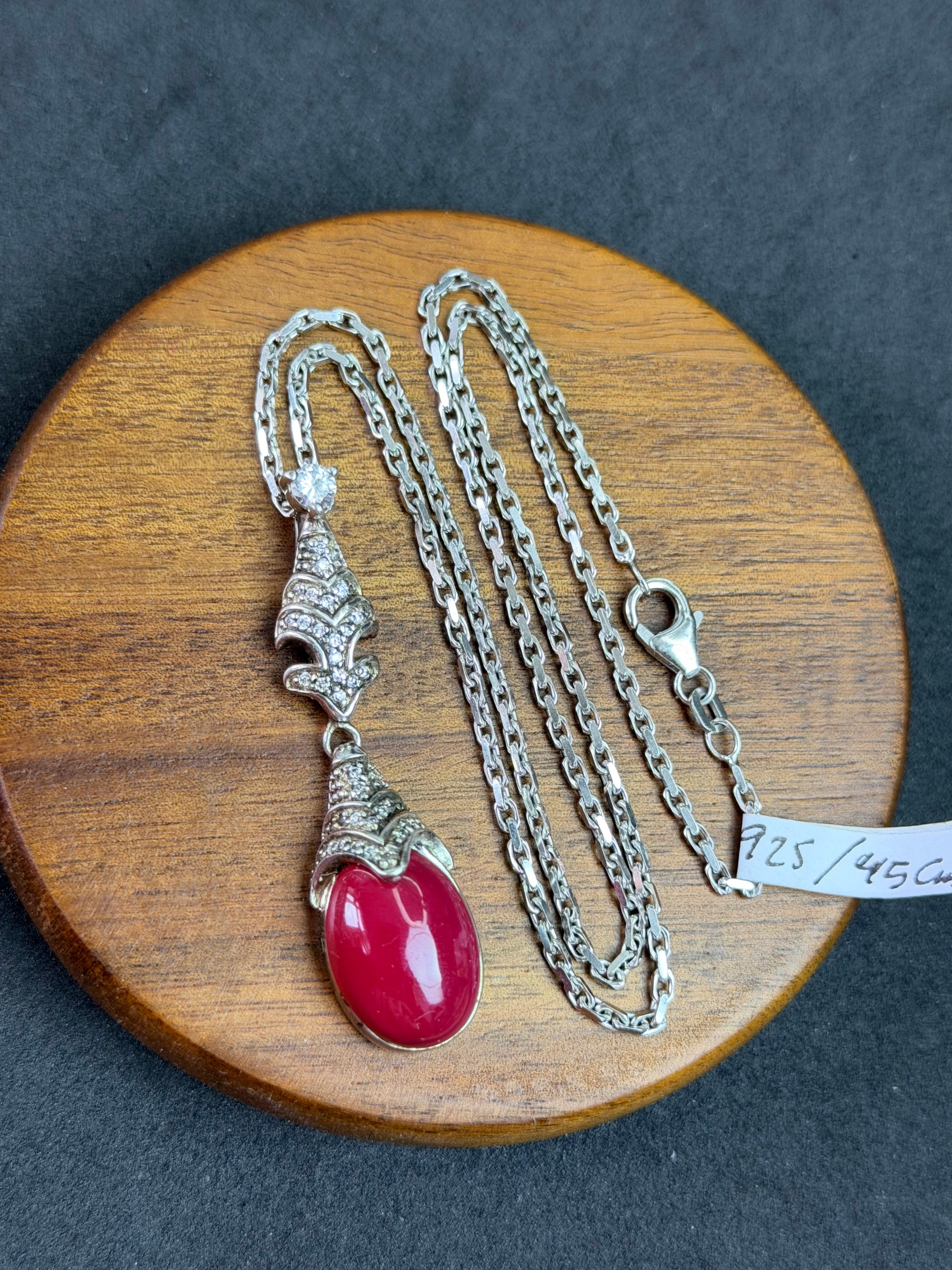 Vintage Halskette (1980er), 925 Silber, synthetischer weinroter Anhänger