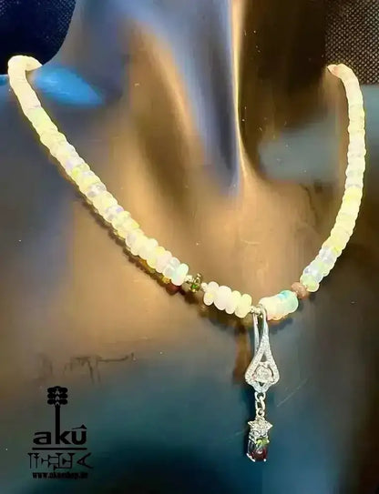 A+ Natürliche äthiopische Welo OPAL Halskette, weiße & schwarze Vollfeuer, 42.5ct, bis7,5mm - AkueShop