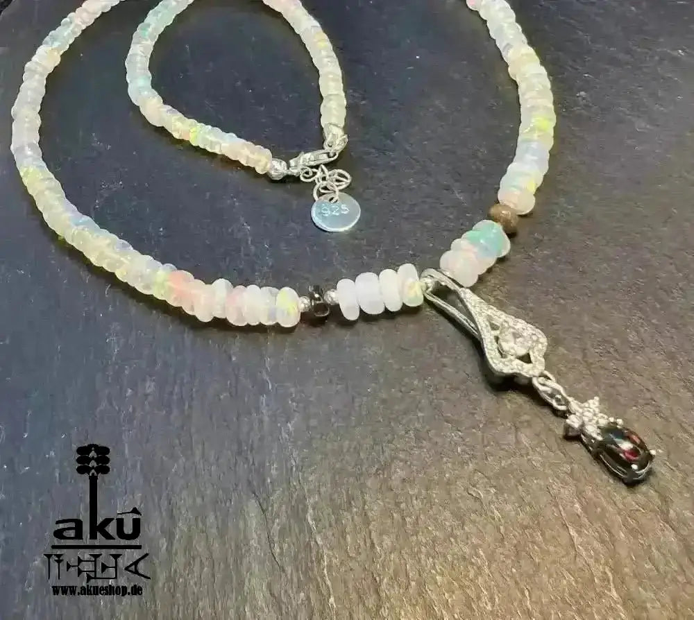 A+ Natürliche äthiopische Welo OPAL Halskette, weiße & schwarze Vollfeuer, 42.5ct, bis7,5mm - AkueShop
