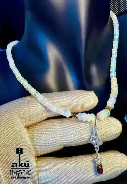 A+ Natürliche äthiopische Welo OPAL Halskette, weiße & schwarze Vollfeuer, 42.5ct, bis7,5mm - AkueShop