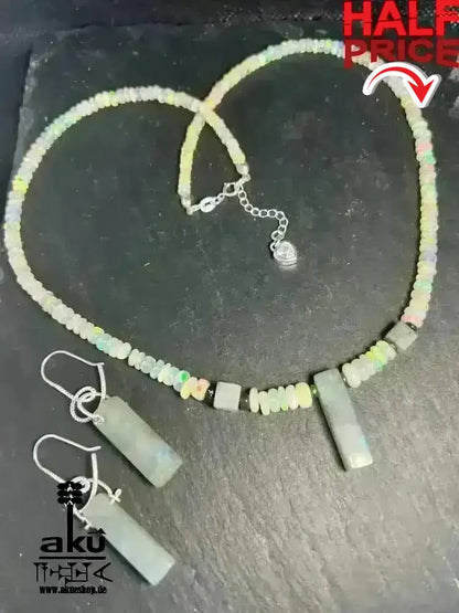 A+ Natürliche äthiopische weiß OPAL Schmuckset Vollfeuer, 42.5ct, bis7,5mm, mit Labradorit stein Halskette & Ohrringe, - AkueShop