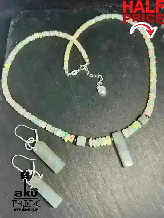 A+ Natürliche äthiopische weiß OPAL Schmuckset Vollfeuer, 42.5ct, bis7,5mm, mit Labradorit stein Halskette & Ohrringe, - AkueShop