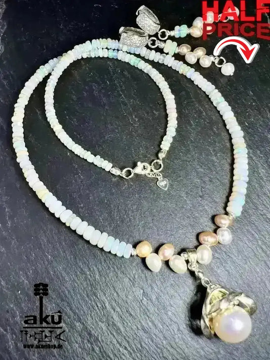 A+ Natürliche äthiopische Welo OPAL und Perlen Schmuckset Vollfeuer, 42.5ct, bis7,5mm, Halskette & Ohrringe, - AkueShop