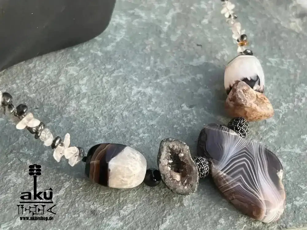Achat & Rutilquarz Halskette, natürliche Roh Edelsteine, handgefertigter Schmuck geschenk - AkueShop