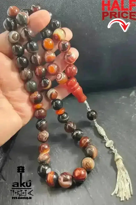 Achat Tesbih 45, 12mm, natürlicher roter Achat Edelstein, islamische Misbaha, Silbere Quaste - AkueShop