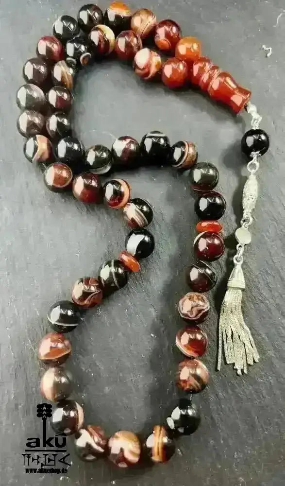 Achat Tasbih 45, 12mm, natürlicher roter Achat Edelstein, islamische Misbaha, Silbere Quaste - AkueShop