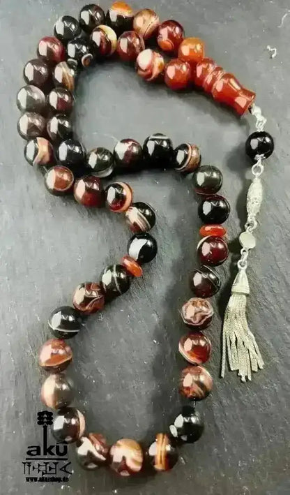 Achat Tasbih 45, 12mm, natürlicher roter Achat Edelstein, islamische Misbaha, Silbere Quaste - AkueShop