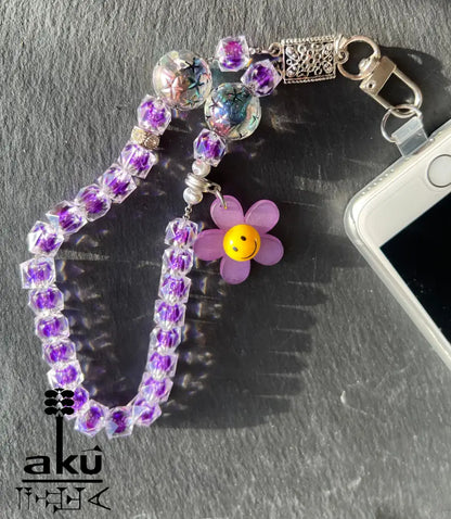 Acryl Handy Kette Smily Blumen Perlen Handyband, 