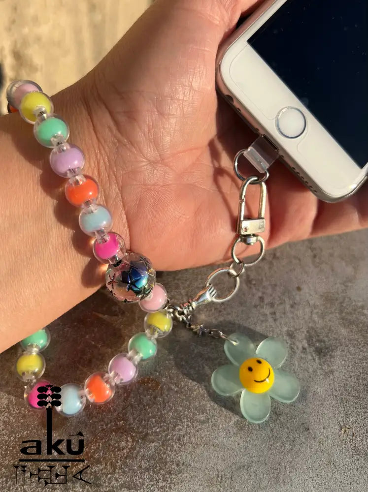 Acryl Handy Kette Smily Blumen Perlen Handyband, 