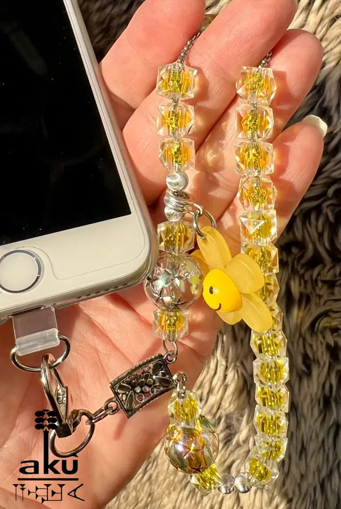 Acryl Handy Kette Smily Blumen Perlen Handyband, 