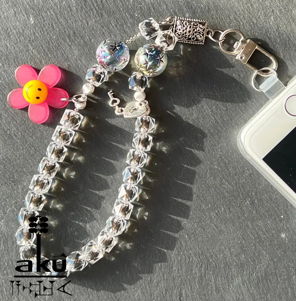 Acryl Handy Kette Smily Blumen Perlen Handyband,