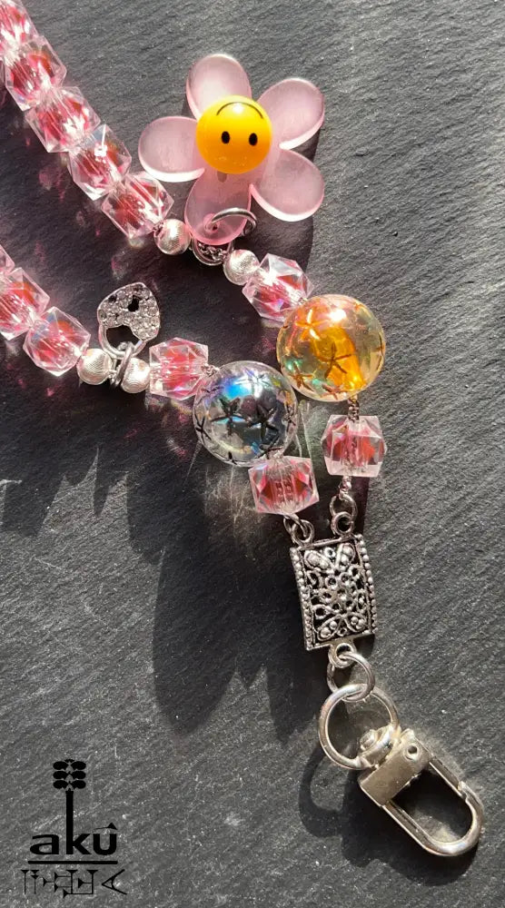 Acryl Handy Kette Smily Blumen Perlen Handyband, 