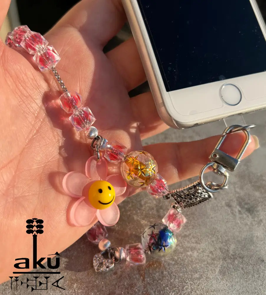 Acryl Handy Kette Smily Blumen Perlen Handyband, 