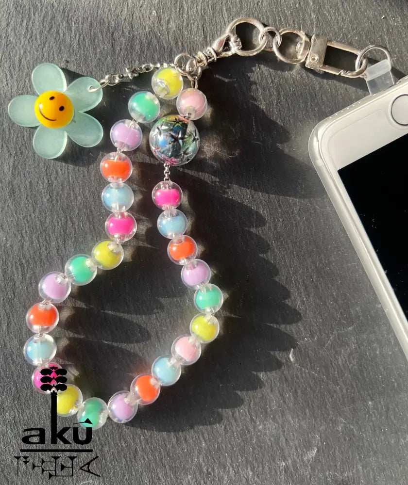 Acryl Handy Kette Smily Blumen Perlen Handyband, 