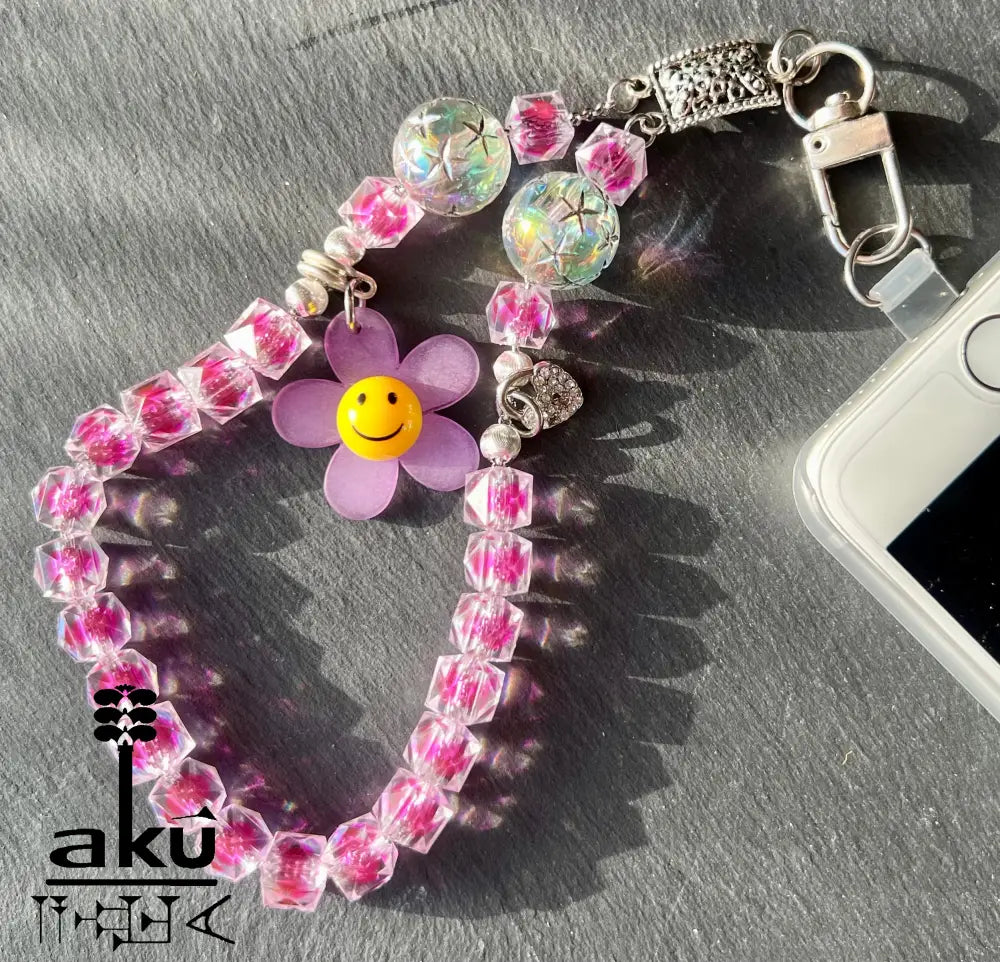Acryl Handy Kette Smily Blumen Perlen Handyband, 