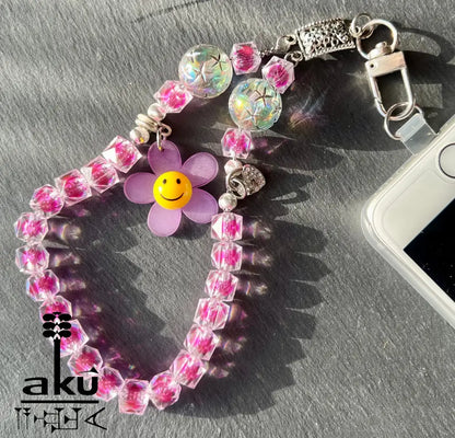 Acryl Handy Kette Smily Blumen Perlen Handyband, 
