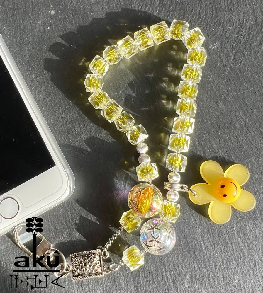 Acryl Handy Kette Smily Blumen Perlen Handyband