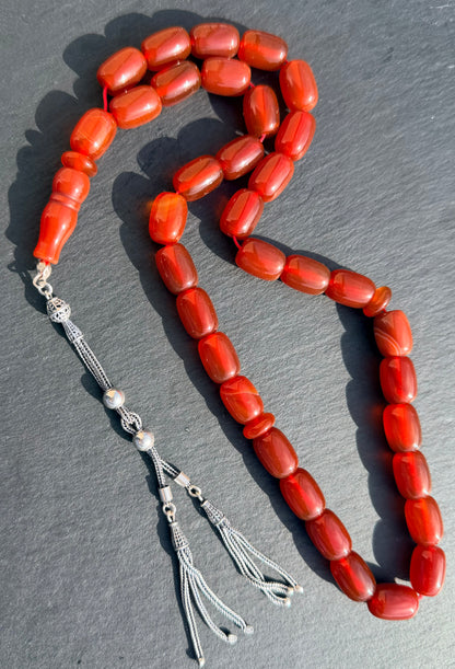 Rote Gebetskette aus natürlichen Achat -Akik- 33 Perlen, Große Tasbih, 925er Sterlingsilber-Quaste, Islamisches Geschenk, Meditationskette