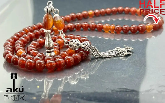 Handgefertigter Tasbih 99, 6mm, natürlicher roter Achat Edelstein, islamisches tesbih, Misbaha, 925 Sterling Silbere Quaste, AkueShop