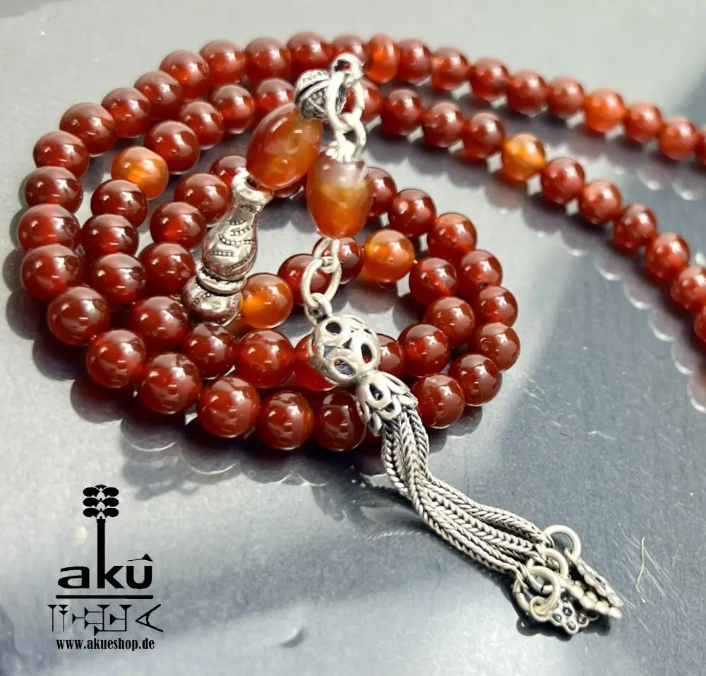Handgefertigter Tasbih 99, 6mm, natürlicher roter Achat Edelstein, islamisches tesbih, Misbaha, 925 Sterling Silbere Quaste, AkueShop