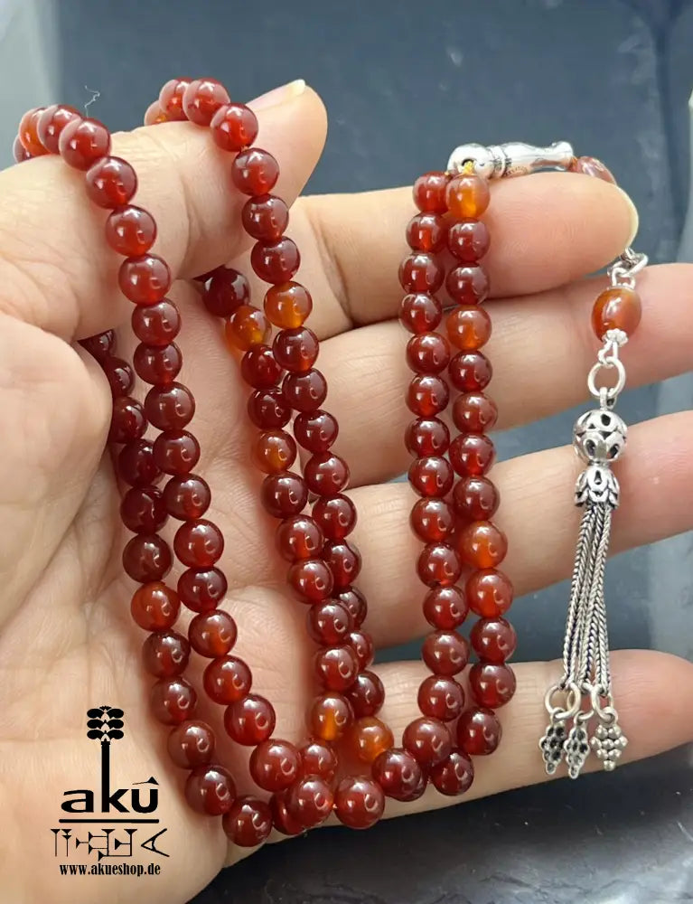 HHandgefertigter Tasbih 99, 6mm, natürlicher roter Achat Edelstein, islamisches tesbih, Misbaha, 925 Sterling Silbere Quaste, AkueShop