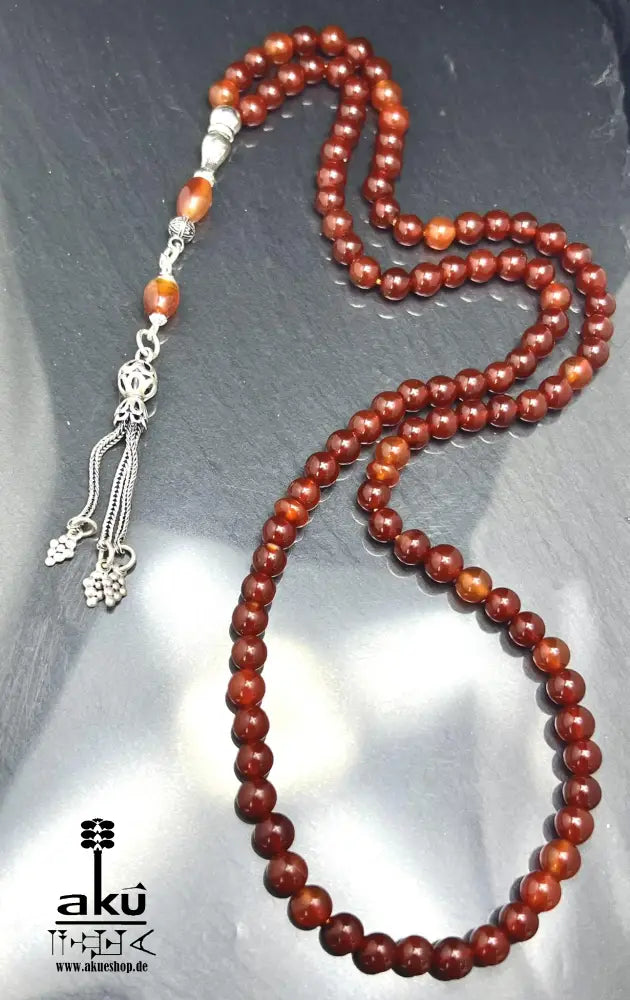 Handgefertigter Tasbih 99, 6mm, natürlicher roter Achat Edelstein, islamisches tesbih, Misbaha, 925 Sterling Silbere Quaste, AkueShop