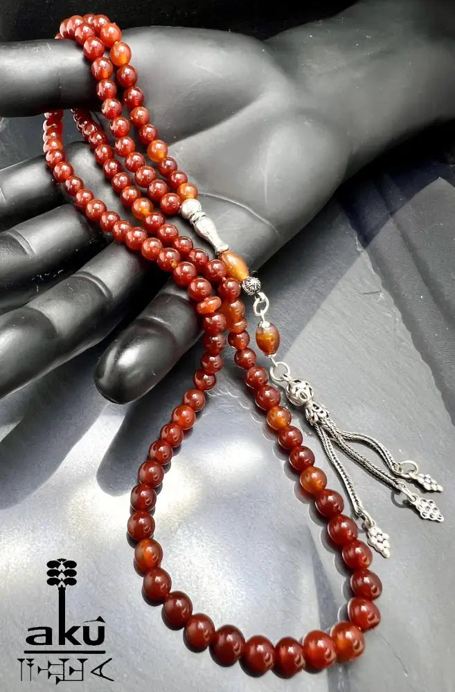 Handgefertigter Tasbih 99, 6mm, natürlicher roter Achat Edelstein, islamisches tesbih, Misbaha, 925 Sterling Silbere Quaste, AkueShop