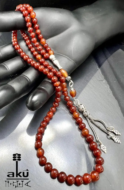 Handgefertigter Tasbih 99, 6mm, natürlicher roter Achat Edelstein, islamisches tesbih, Misbaha, 925 Sterling Silbere Quaste, AkueShop